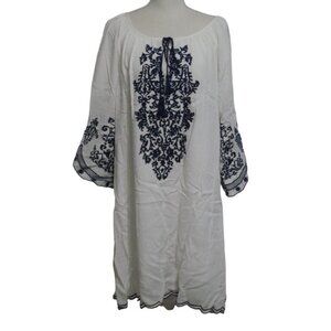 CHIC CONNECTION Dress Women's Size 1X White Blue Embroidery Bell Sleeve Boho NWT